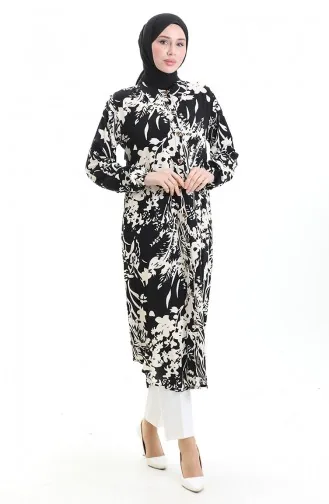 Buttoned Patterned Long Tunic 0094-01 Black Beige 0094-01