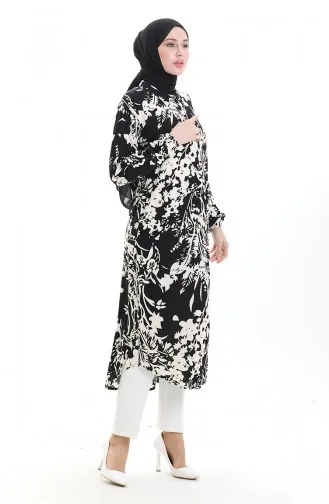Buttoned Patterned Long Tunic 0094-01 Black Beige 0094-01