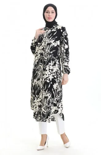 Buttoned Patterned Long Tunic 0094-01 Black Beige 0094-01
