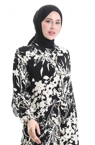 Buttoned Patterned Long Tunic 0094-01 Black Beige 0094-01