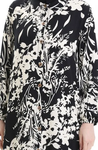 Buttoned Patterned Long Tunic 0094-01 Black Beige 0094-01