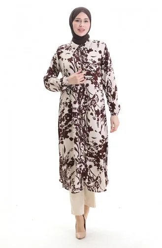 Buttoned Patterned Long Tunic 0094-02 Brown Beige 0094-02