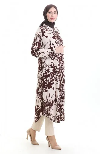 Buttoned Patterned Long Tunic 0094-02 Brown Beige 0094-02