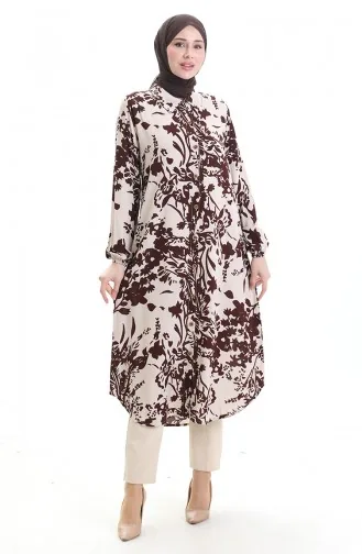 Buttoned Patterned Long Tunic 0094-02 Brown Beige 0094-02