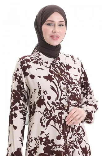 Buttoned Patterned Long Tunic 0094-02 Brown Beige 0094-02