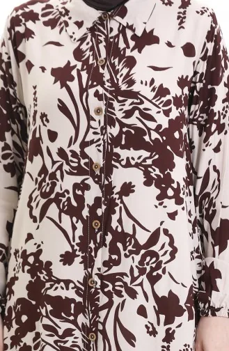 Buttoned Patterned Long Tunic 0094-02 Brown Beige 0094-02