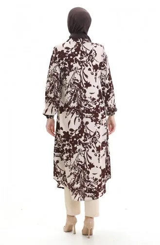 Buttoned Patterned Long Tunic 0094-02 Brown Beige 0094-02