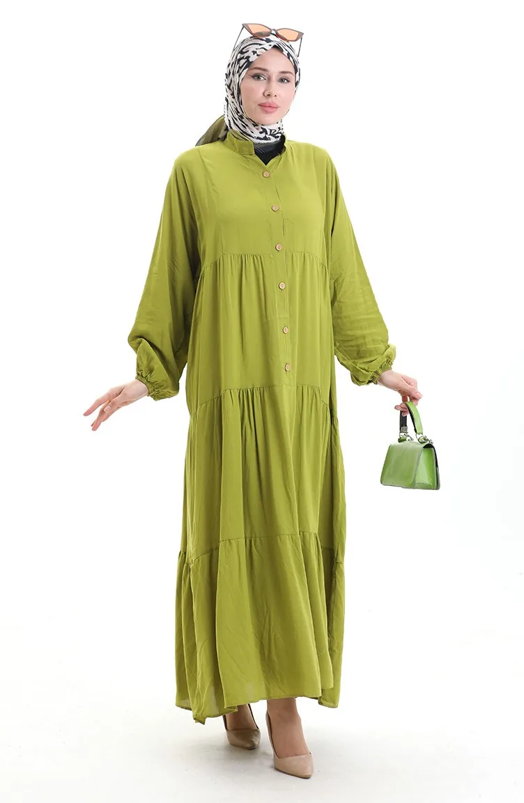 Kleid Mit Halbgeknöpften Elastischen Ärmeln 0091-01 Khaki 0091-01