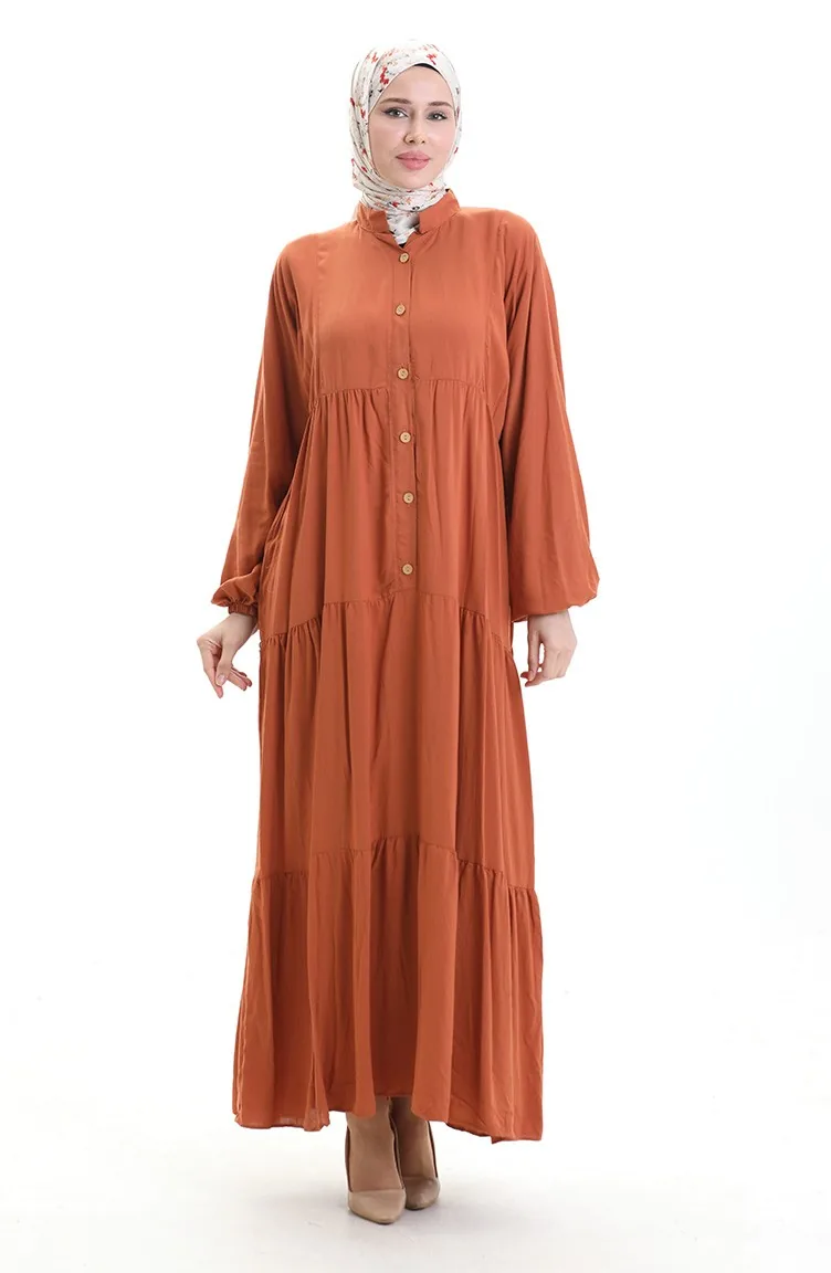 Robe à Manches élastiques à Demi-boutonnage 0091-02 Brique 0091-02