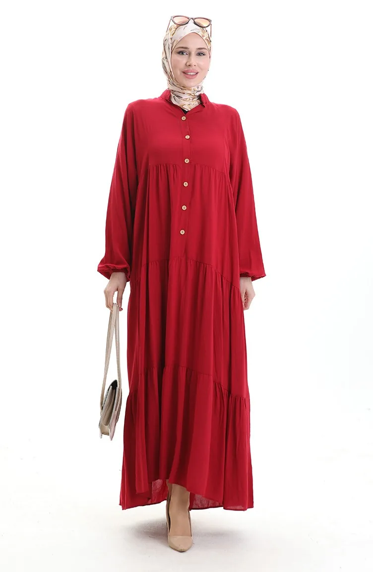 Kleid Mit Halbgeknöpften Elastischen Ärmeln 0091-03 Weinrot 0091-03