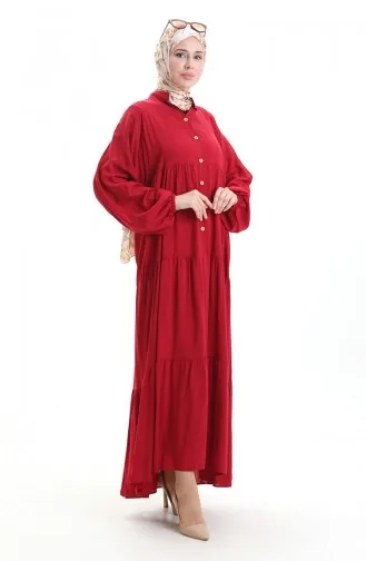 Kleid Mit Halbgeknöpften Elastischen Ärmeln 0091-03 Weinrot 0091-03
