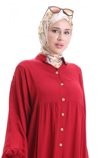 Kleid Mit Halbgeknöpften Elastischen Ärmeln 0091-03 Weinrot 0091-03