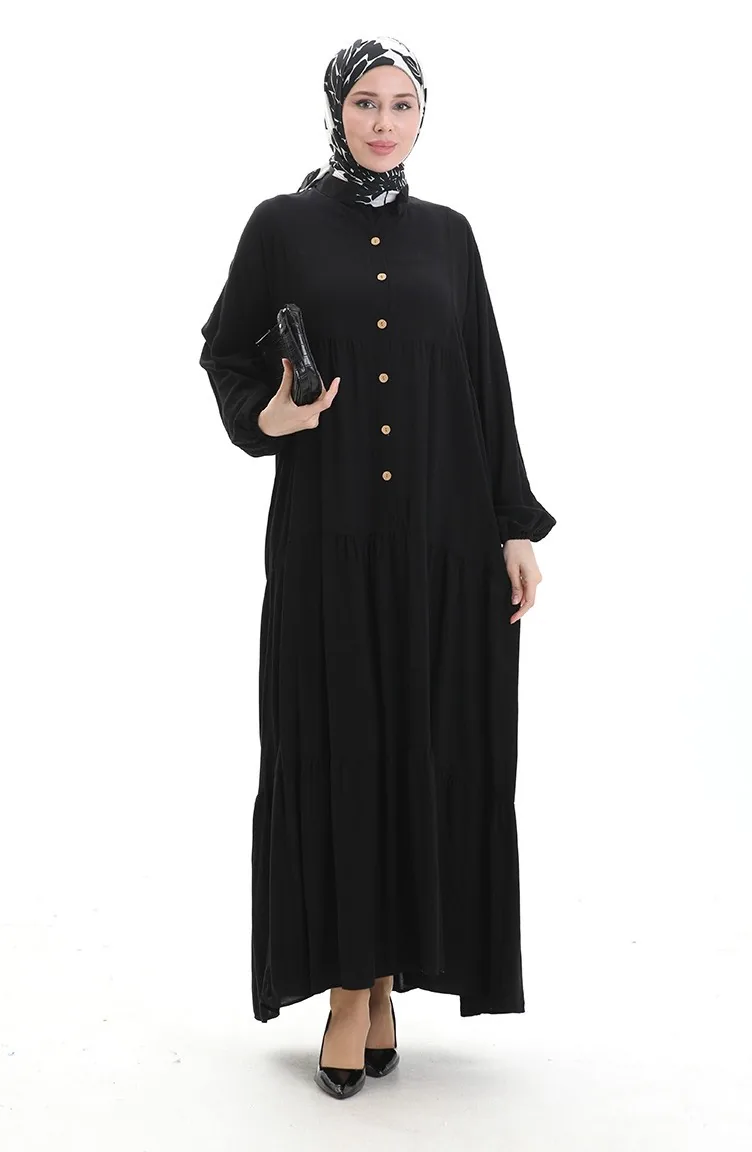 Robe à Manches élastiques à Demi-boutonnage 0091-04 Noir 0091-04