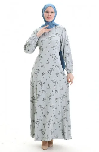فستان منقوش بأكمام مرنة 2047-07 فضي رمادي 2047-07