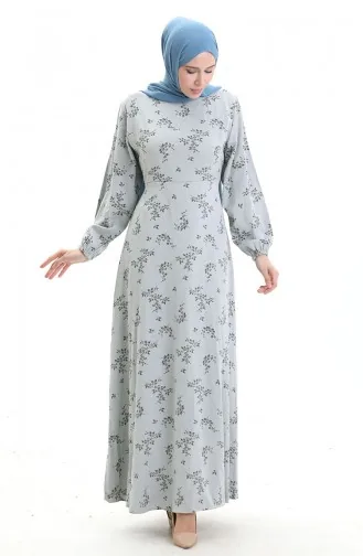 فستان منقوش بأكمام مرنة 2047-07 فضي رمادي 2047-07