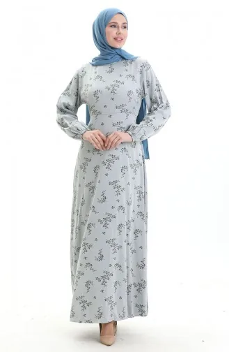 فستان منقوش بأكمام مرنة 2047-07 فضي رمادي 2047-07