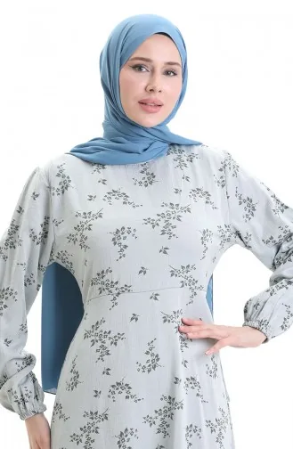 فستان منقوش بأكمام مرنة 2047-07 فضي رمادي 2047-07