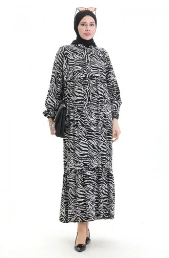 Robe à Motifs à Demi-bouton 2070-02 Noir Et Blanc 2070-02
