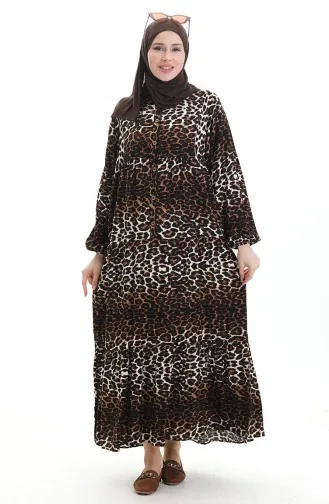 Robe Boutonnée à Imprimé Léopard 2071-01 Marron Noir 2071-01