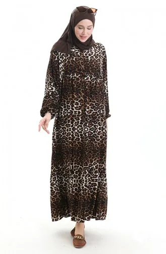 Robe Boutonnée à Imprimé Léopard 2071-01 Marron Noir 2071-01