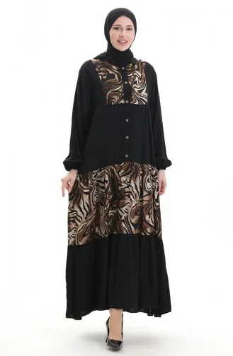 Elastic Sleeve Patterned Dress 2078-01 Black 2078-01