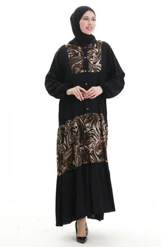 Elastic Sleeve Patterned Dress 2078-01 Black 2078-01