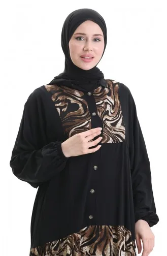 Elastic Sleeve Patterned Dress 2078-01 Black 2078-01