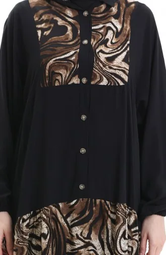 Elastic Sleeve Patterned Dress 2078-01 Black 2078-01