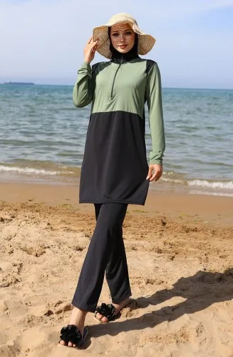 Zippered Hijab Swimsuit 2508-02 Almond Green Black 2508-02