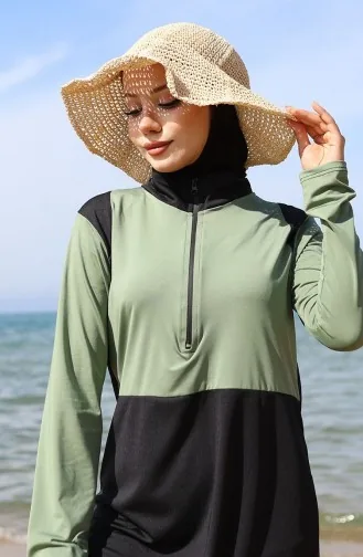 Zippered Hijab Swimsuit 2508-02 Almond Green Black 2508-02