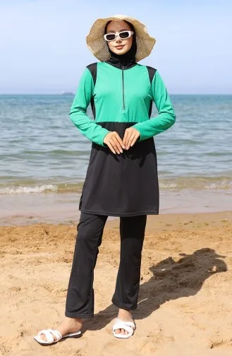 Fermuarlı Tesettür Mayo 2508-04 Yeşil Siyah