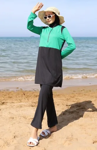 Fermuarlı Tesettür Mayo 2508-04 Yeşil Siyah