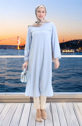 Yandan Yırtmaçlı Uzun Tunik 4104-01 Buz Mavisi