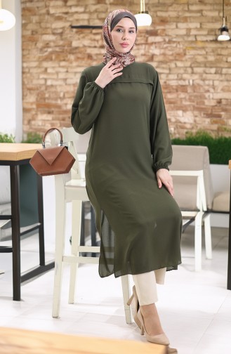 Yandan Yırtmaçlı Uzun Tunik 4104-02 Koyu Yeşil