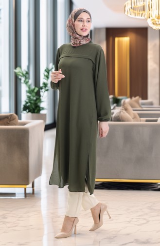 Yandan Yırtmaçlı Uzun Tunik 4104-02 Koyu Yeşil