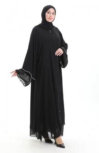 Zippered Abaya With Stone Detailed Sleeves 0167-01 Black 0167-01