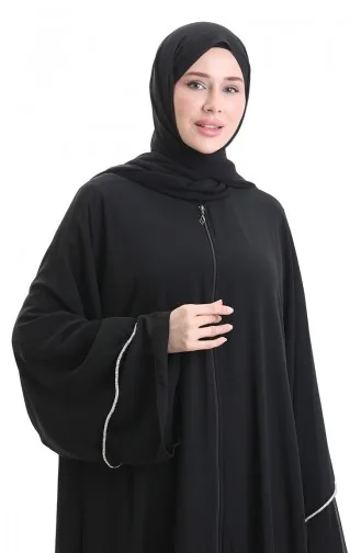 Zippered Abaya With Stone Detailed Sleeves 0167-01 Black 0167-01
