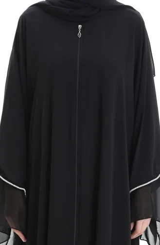 Zippered Abaya With Stone Detailed Sleeves 0167-01 Black 0167-01