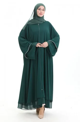 Abaya Zippée Avec Manches Ornées De Pierres 0167-03 Vert émeraude 0167-03
