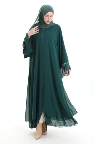 Abaya Zippée Avec Manches Ornées De Pierres 0167-03 Vert émeraude 0167-03