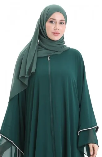 Abaya Zippée Avec Manches Ornées De Pierres 0167-03 Vert émeraude 0167-03