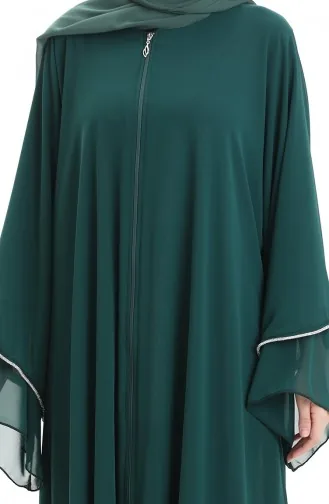 Abaya Zippée Avec Manches Ornées De Pierres 0167-03 Vert émeraude 0167-03