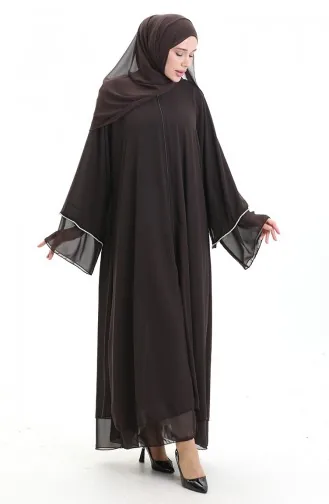 Zippered Abaya With Stone Detailed Sleeves 0167-04 Brown 0167-04