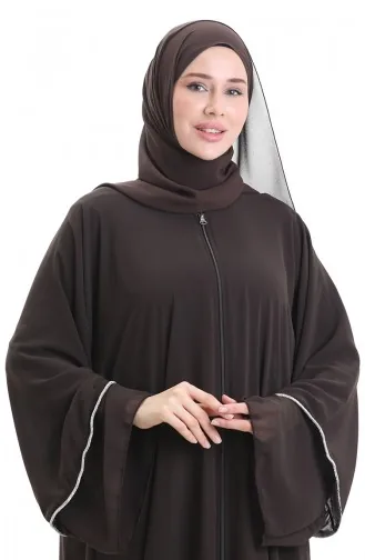 Zippered Abaya With Stone Detailed Sleeves 0167-04 Brown 0167-04