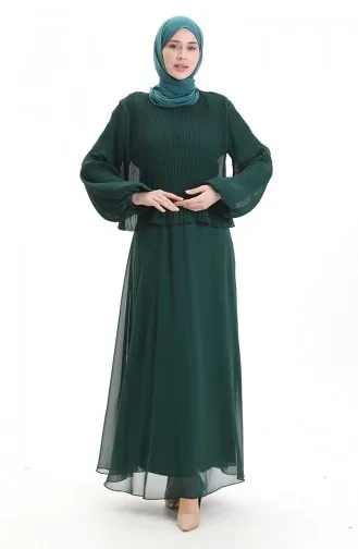 Büyük Beden Pilise Detaylı Abiye Elbise 0170-03 Zümrüt Yeşili