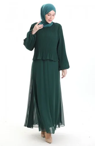 Büyük Beden Pilise Detaylı Abiye Elbise 0170-03 Zümrüt Yeşili