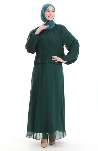 Büyük Beden Pilise Detaylı Abiye Elbise 0170-03 Zümrüt Yeşili