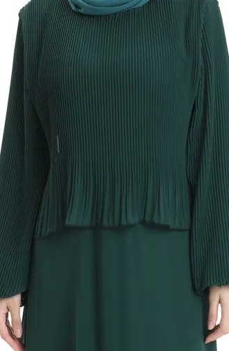 Büyük Beden Pilise Detaylı Abiye Elbise 0170-03 Zümrüt Yeşili