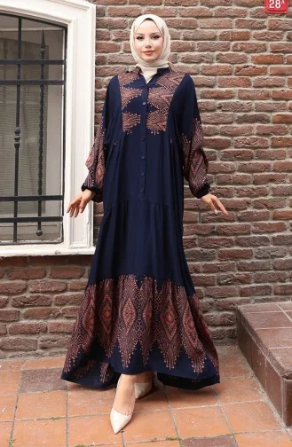 Yarım Düğmeli Uzun Patlı Elbise 5579-01 Lacivert