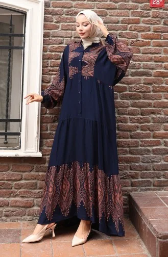 Yarım Düğmeli Uzun Patlı Elbise 5579-01 Lacivert